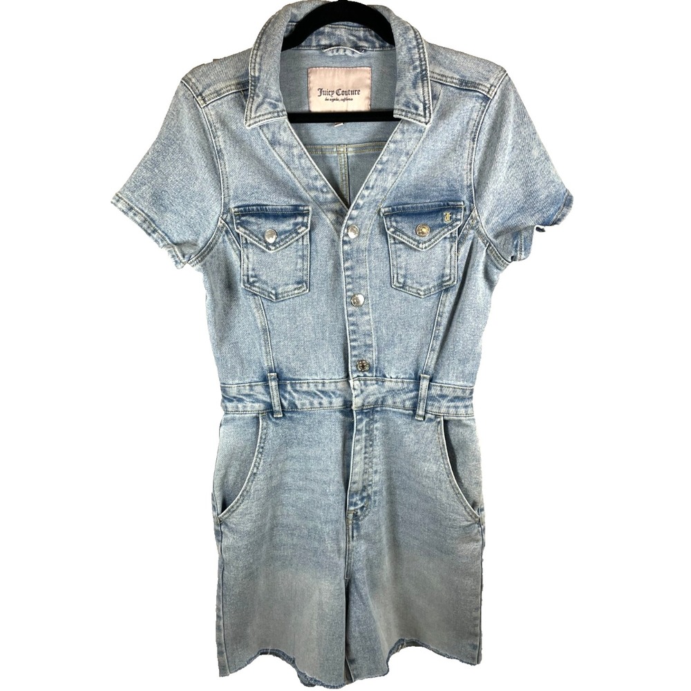 Juicy Couture Y2K Denim Romper Womens S Blue Jean Short Sleeve Raw Hem